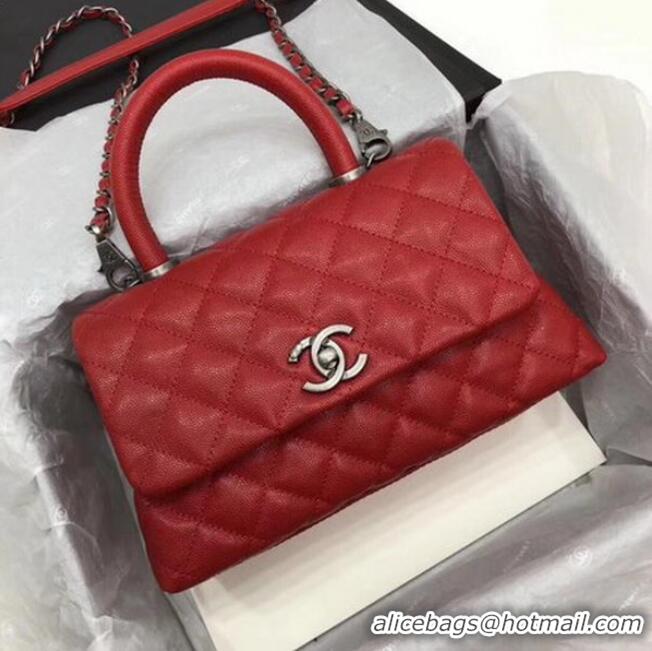 Most Popular Chanel Classic Top Handle Bag Red Cannage Pattern A92290 Silver