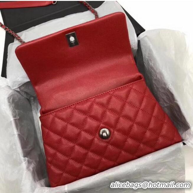 Most Popular Chanel Classic Top Handle Bag Red Cannage Pattern A92290 Silver