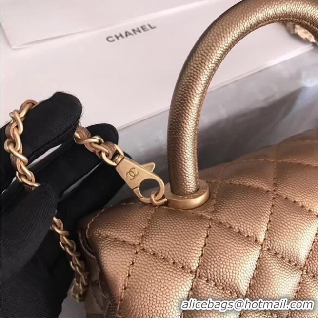 AAAAA Discount Chanel original Caviar leather flap bag top handle A92290 bronze&Gold-Tone Metal