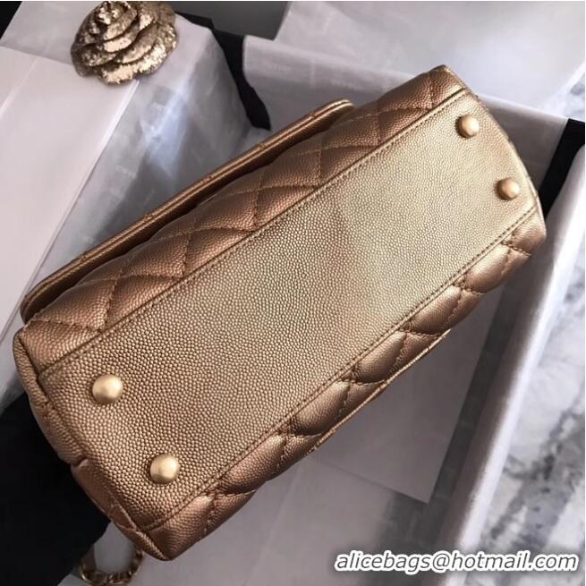 AAAAA Discount Chanel original Caviar leather flap bag top handle A92290 bronze&Gold-Tone Metal