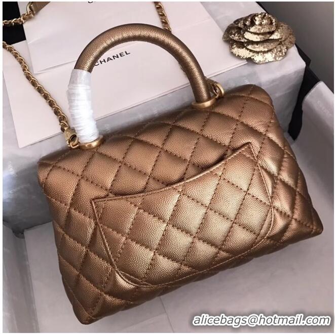 AAAAA Discount Chanel original Caviar leather flap bag top handle A92290 bronze&Gold-Tone Metal