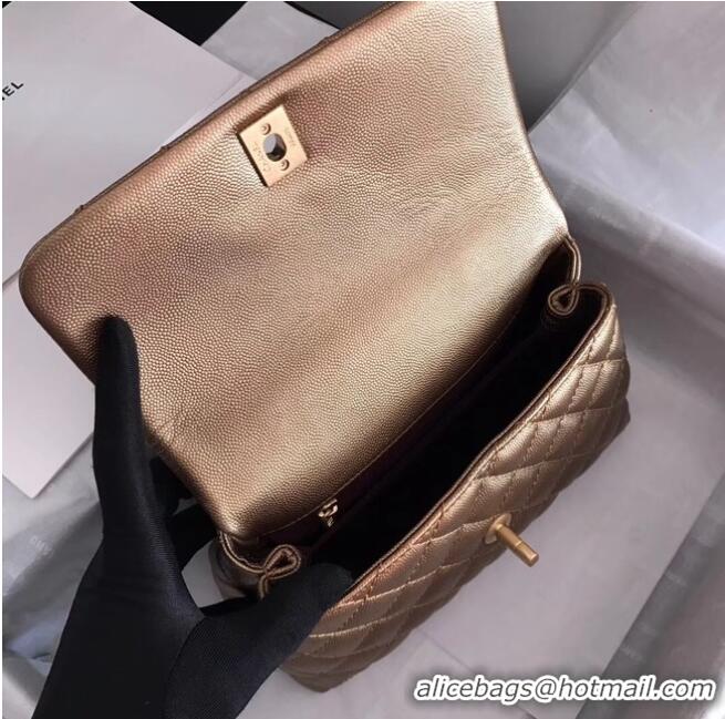 AAAAA Discount Chanel original Caviar leather flap bag top handle A92290 bronze&Gold-Tone Metal