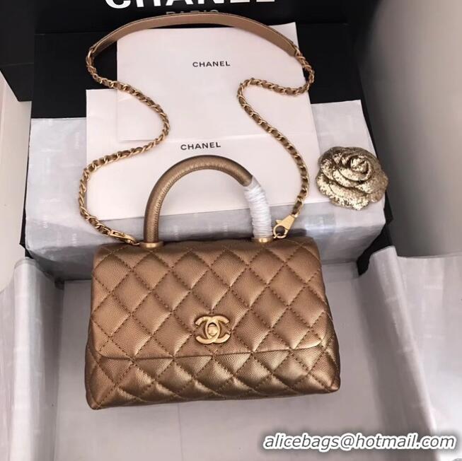 AAAAA Discount Chanel original Caviar leather flap bag top handle A92290 bronze&Gold-Tone Metal