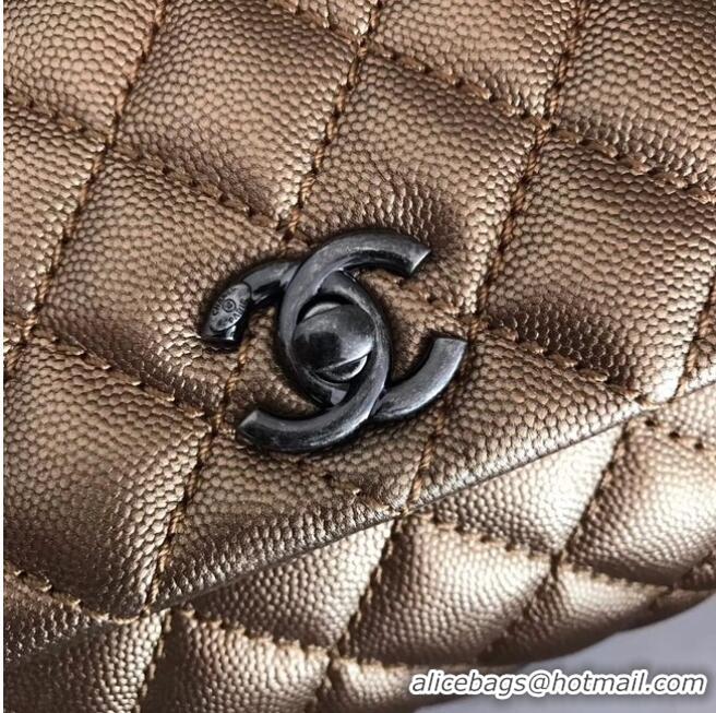 Classic Chanel original Caviar leather flap bag top handle A92290 bronze&silver-Tone Metal