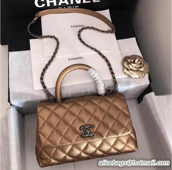 Classic Chanel original Caviar leather flap bag top handle A92290 bronze&silver-Tone Metal