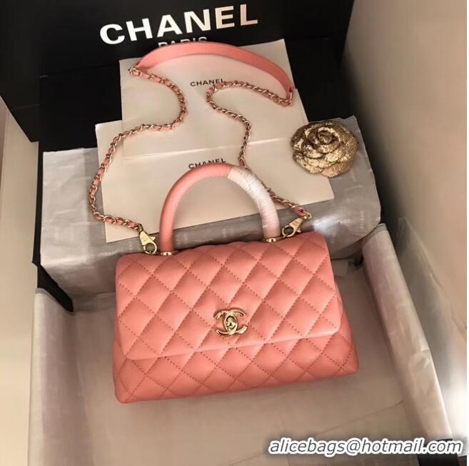 Buy Cheap Chanel original Caviar leather flap bag top handle A92290 pink&Gold-Tone Metal