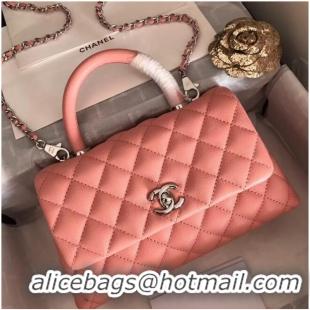 Famous Brand Chanel original Caviar leather flap bag top handle A92290 pink&silver-Tone Metal