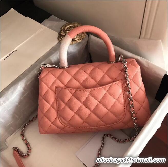 Famous Brand Chanel original Caviar leather flap bag top handle A92290 pink&silver-Tone Metal