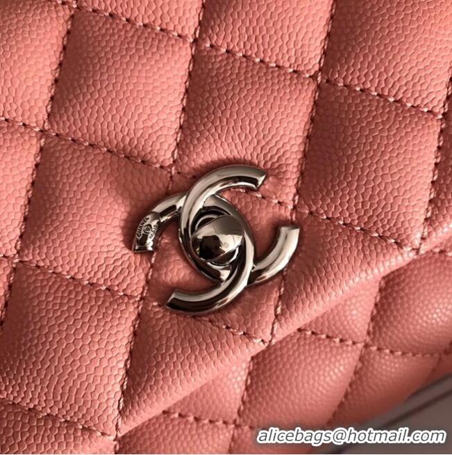 Famous Brand Chanel original Caviar leather flap bag top handle A92290 pink&silver-Tone Metal