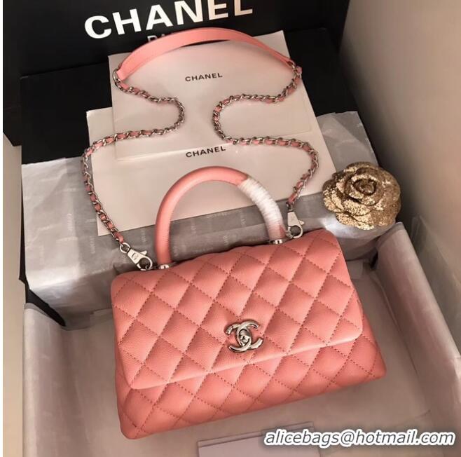 Famous Brand Chanel original Caviar leather flap bag top handle A92290 pink&silver-Tone Metal