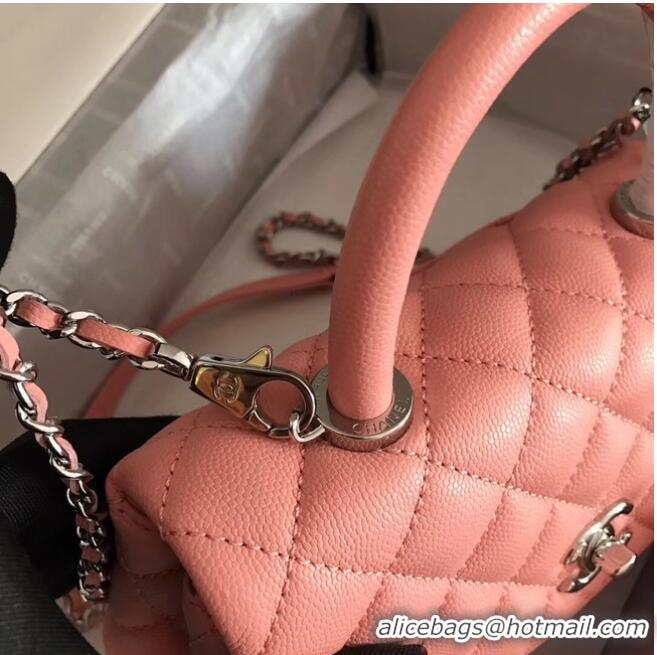 Famous Brand Chanel original Caviar leather flap bag top handle A92290 pink&silver-Tone Metal