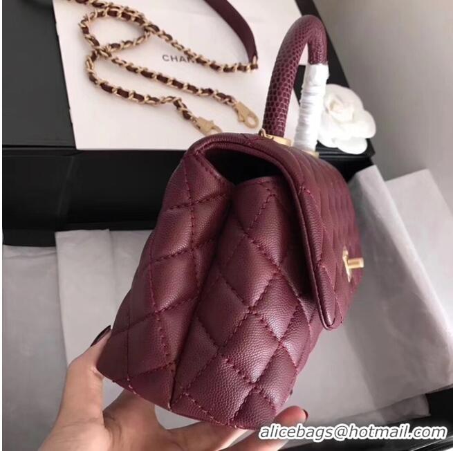 Chic Chanel original Caviar leather flap bag top handle A92290 purple&Gold-Tone Metal