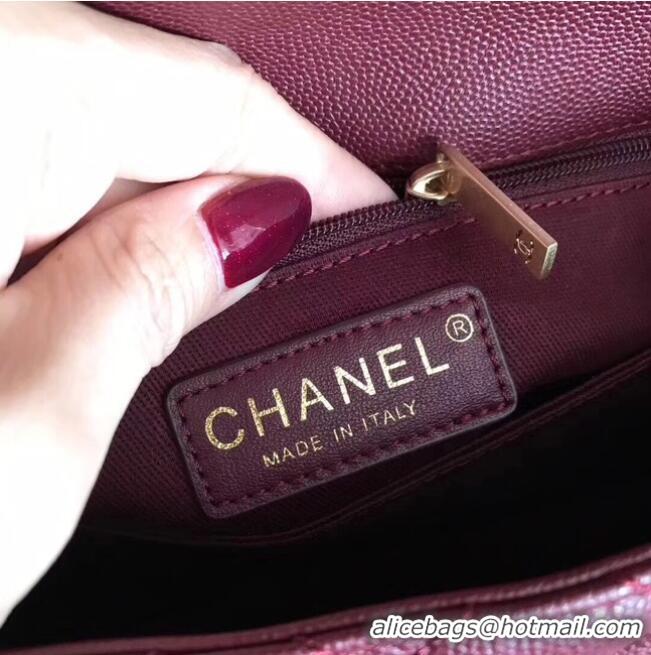 Chic Chanel original Caviar leather flap bag top handle A92290 purple&Gold-Tone Metal