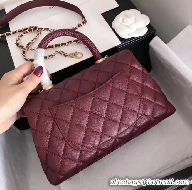 Chic Chanel original Caviar leather flap bag top handle A92290 purple&Gold-Tone Metal