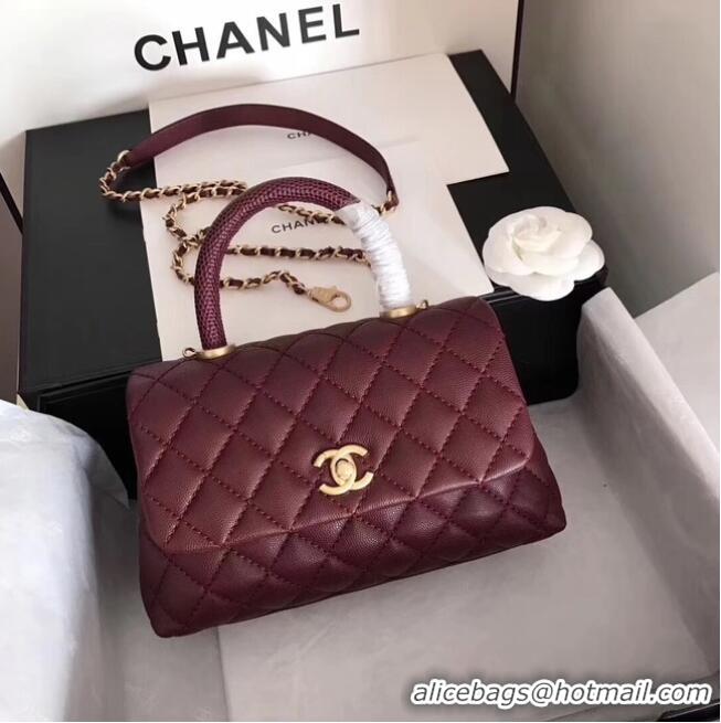 Chic Chanel original Caviar leather flap bag top handle A92290 purple&Gold-Tone Metal