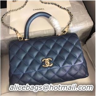 Discount Chanel original Caviar leather flap bag top handle A92290 blue &gold-Tone Metal