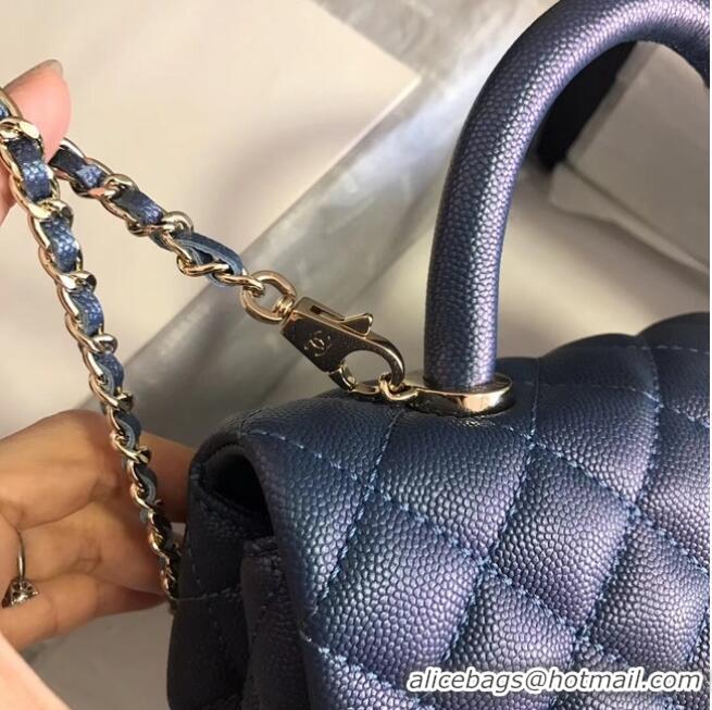 Discount Chanel original Caviar leather flap bag top handle A92290 blue &gold-Tone Metal