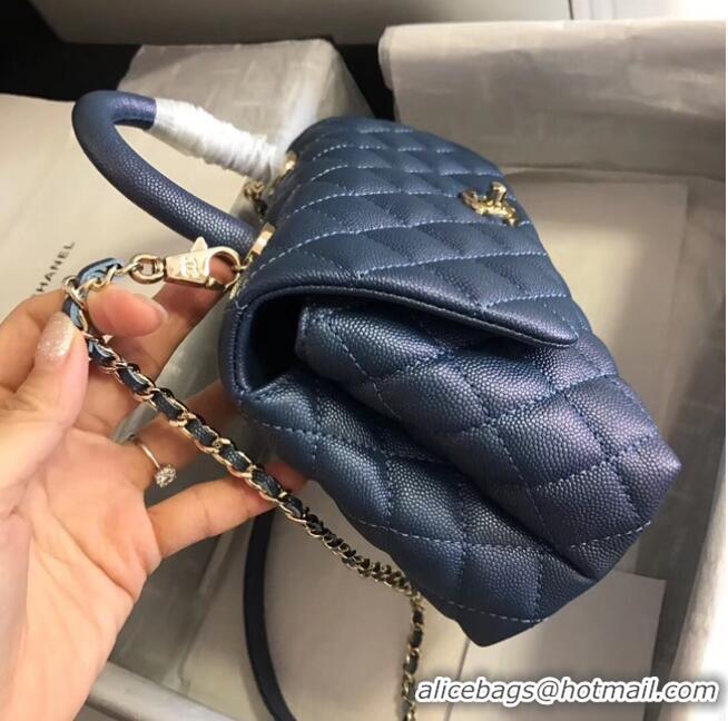 Discount Chanel original Caviar leather flap bag top handle A92290 blue &gold-Tone Metal