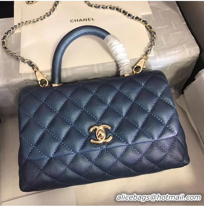 Discount Chanel original Caviar leather flap bag top handle A92290 blue &gold-Tone Metal