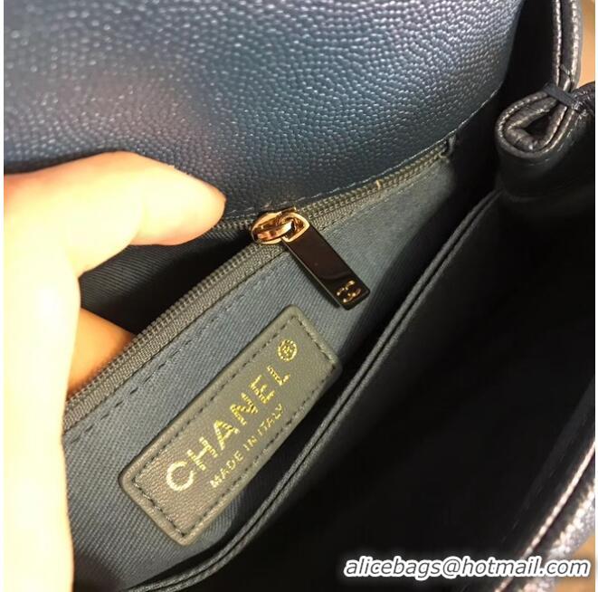 Discount Chanel original Caviar leather flap bag top handle A92290 blue &gold-Tone Metal