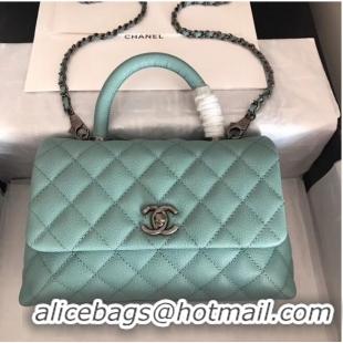 Best Price Chanel original Caviar leather flap bag top handle A92290 green &Silver-Tone Metal