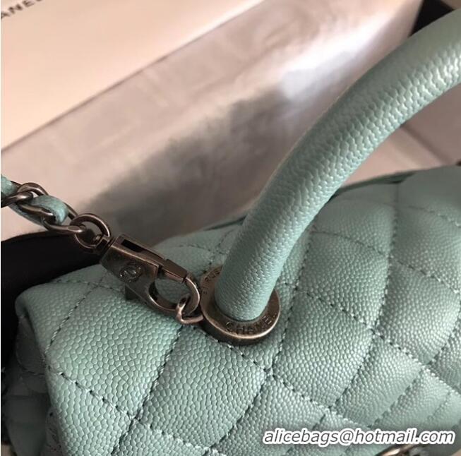 Best Price Chanel original Caviar leather flap bag top handle A92290 green &Silver-Tone Metal