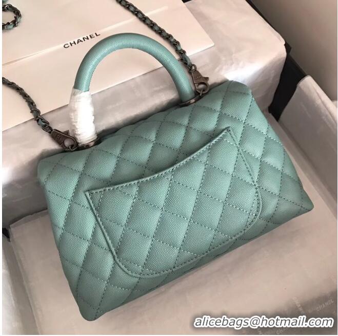 Best Price Chanel original Caviar leather flap bag top handle A92290 green &Silver-Tone Metal