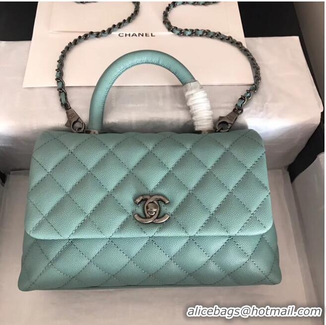 Best Price Chanel original Caviar leather flap bag top handle A92290 green &Silver-Tone Metal