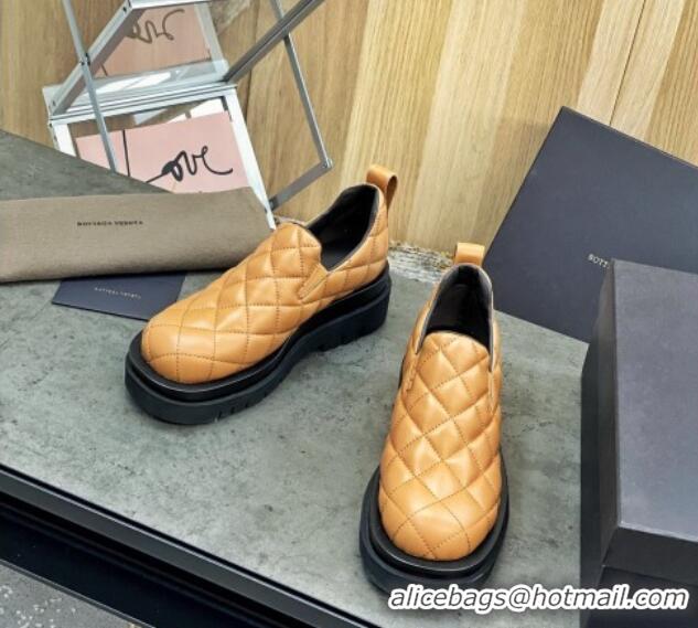 Most Popular Bottega Veneta Quilted Lambskin Flat Loafers 122321 Caramel Brown