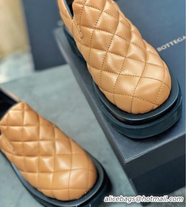 Most Popular Bottega Veneta Quilted Lambskin Flat Loafers 122321 Caramel Brown