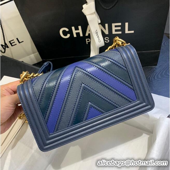 Best Price Chanel Boy Flap Shoulder Bags Chevron Calfskin Leather A67086 Blue&Black