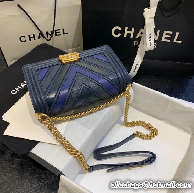 Best Price Chanel Boy Flap Shoulder Bags Chevron Calfskin Leather A67086 Blue&Black