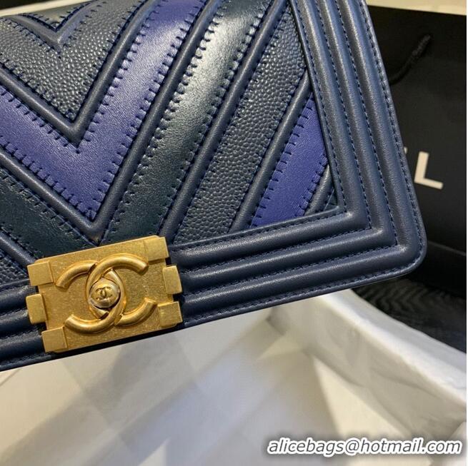 Best Price Chanel Boy Flap Shoulder Bags Chevron Calfskin Leather A67086 Blue&Black