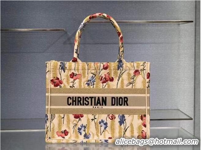 Discount SMALL DIOR BOOK TOTE Beige Multicolor Dior Hibiscus Metallic Thread Embroidery M1296