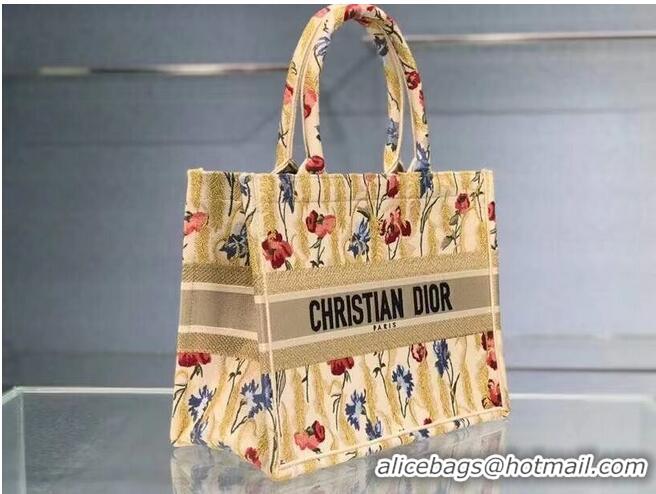 Discount SMALL DIOR BOOK TOTE Beige Multicolor Dior Hibiscus Metallic Thread Embroidery M1296