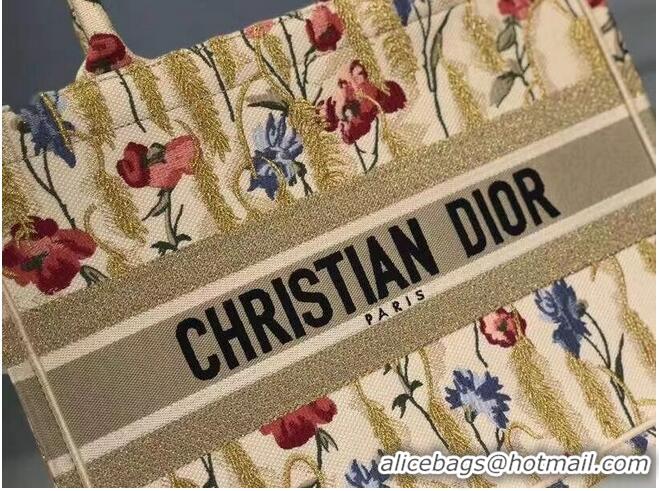 Discount SMALL DIOR BOOK TOTE Beige Multicolor Dior Hibiscus Metallic Thread Embroidery M1296