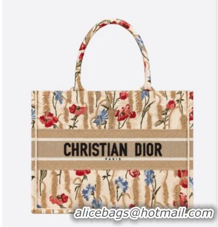 Discount SMALL DIOR BOOK TOTE Beige Multicolor Dior Hibiscus Metallic Thread Embroidery M1296