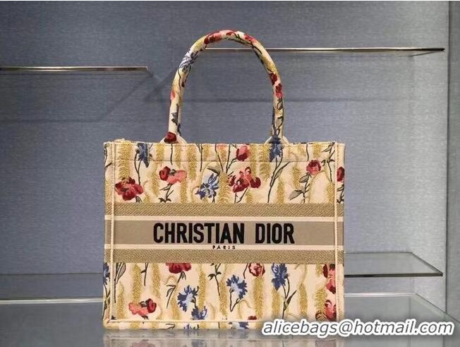 Discount SMALL DIOR BOOK TOTE Beige Multicolor Dior Hibiscus Metallic Thread Embroidery M1296