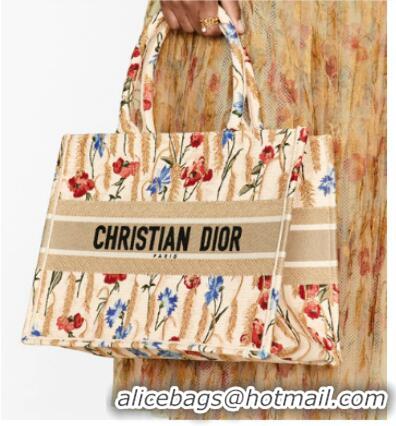 Discount SMALL DIOR BOOK TOTE Beige Multicolor Dior Hibiscus Metallic Thread Embroidery M1296