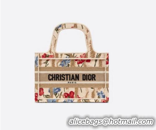 Top Grade MINI DIOR BOOK TOTE Beige Multicolor Dior Hibiscus Embroidery S5475ZR