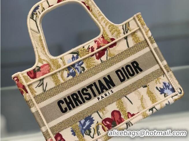 Top Grade MINI DIOR BOOK TOTE Beige Multicolor Dior Hibiscus Embroidery S5475ZR