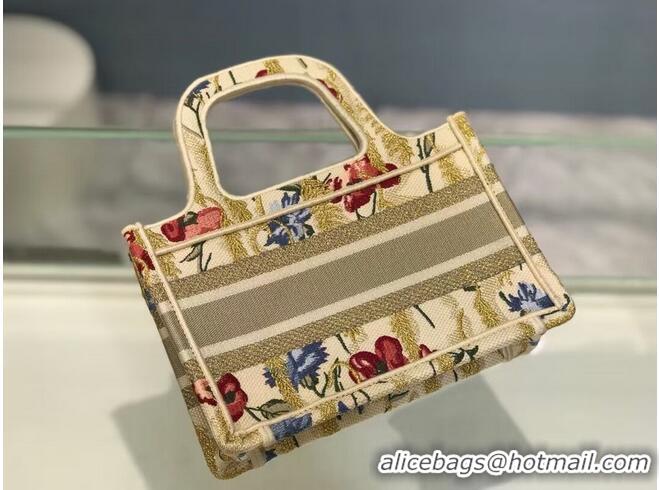 Top Grade MINI DIOR BOOK TOTE Beige Multicolor Dior Hibiscus Embroidery S5475ZR