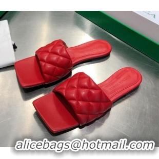 Low Price Bottega Veneta Quilted Leather Square Toe Flat Slides Padded Sandals 010719 Red