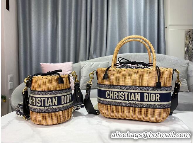 Traditional Specials DIOR WICKER BASKET BAG Blue Dior Oblique Jacquard and Natural Wicker M7601