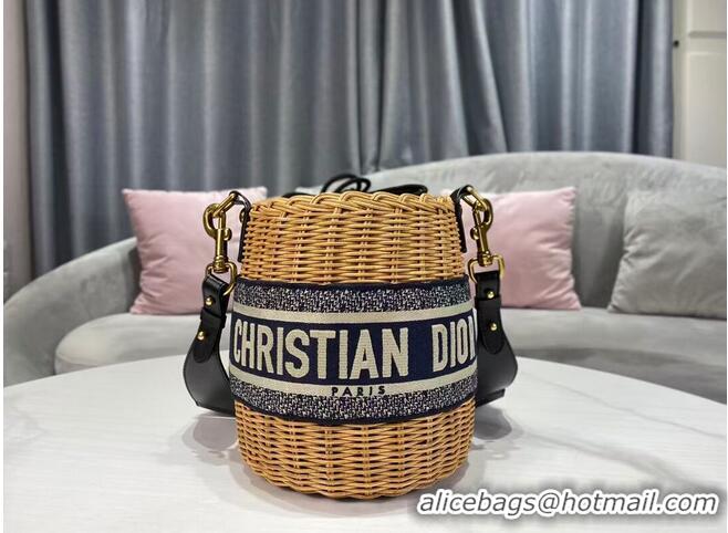 Best Price DIOR WICKER BUCKET BAG Blue Dior Oblique Jacquard and Natural Wicke M7600C