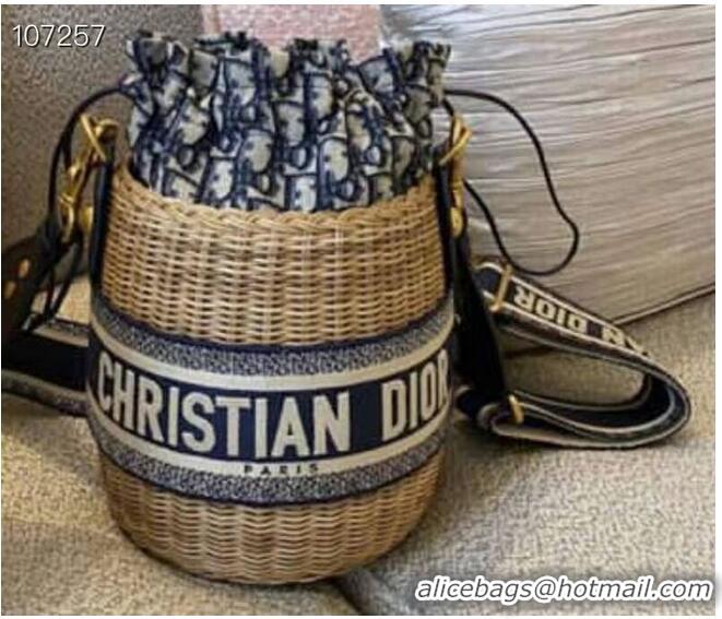 Best Price DIOR WICKER BUCKET BAG Blue Dior Oblique Jacquard and Natural Wicke M7600C