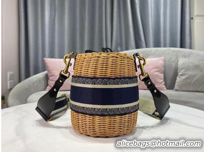 Best Price DIOR WICKER BUCKET BAG Blue Dior Oblique Jacquard and Natural Wicke M7600C