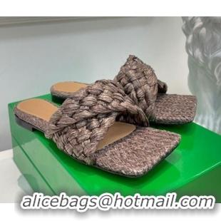 Low Cost Bottega Veneta Stretch Raffia Flat Slide Sandals 030933 Light Brown