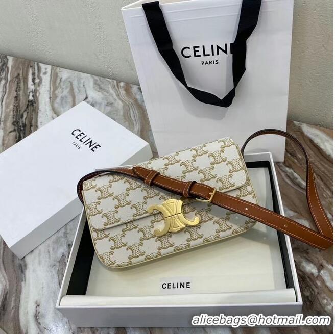 Grade Quality Celine TRIOMPHE SHOULDER BAG IN TRIOMPHE CANVAS AND CALFKSIN 194142 WHITE