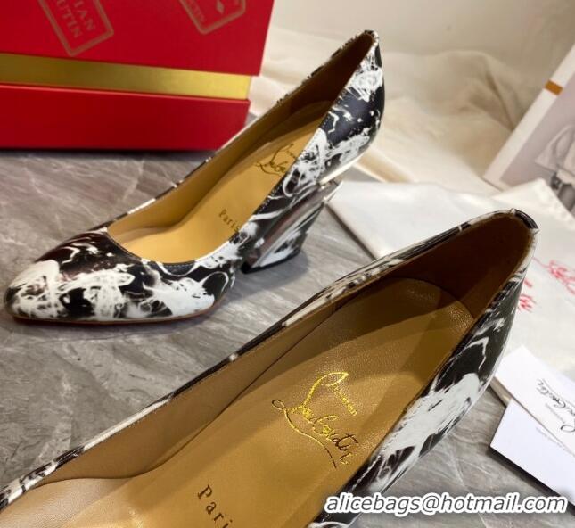 Good Quality Christian Louboutin Print Calfskin Wedge Pumps 030840 Black/White